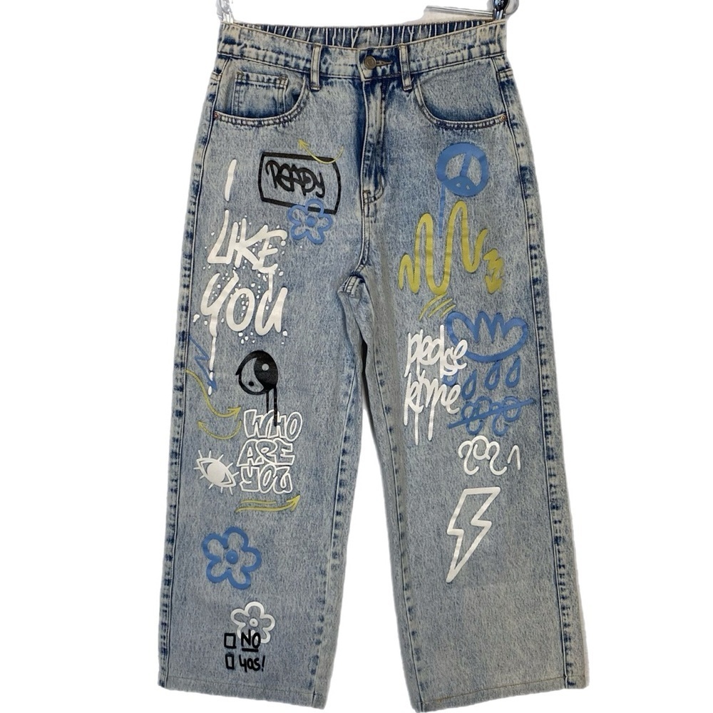 Original Graphic Painted Jeans Straight Leg Cropped Blue Women’s 6 Medium